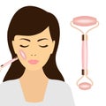 Female face and jade roller flat color vector illustration. Facial massage. A woman using a facial beauty tool.